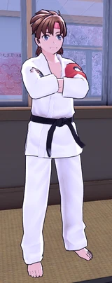 Sachihiko standing in the , watching the two other members spar.