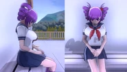 Kokona Haruka sitting at the southeastern part of the rooftop alone.