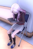 Chidori reading outside of Classroom 1-2