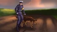 Ilustración de un policía junto a un perro policial.