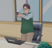 Kocho pulling out his taser and aiming it at the player (Ayano).