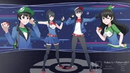 An illustration art of Taeko, Taro, Ayato and Ayano in Trainer Battle by Mulberry.