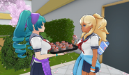 Saki giving food to a student.