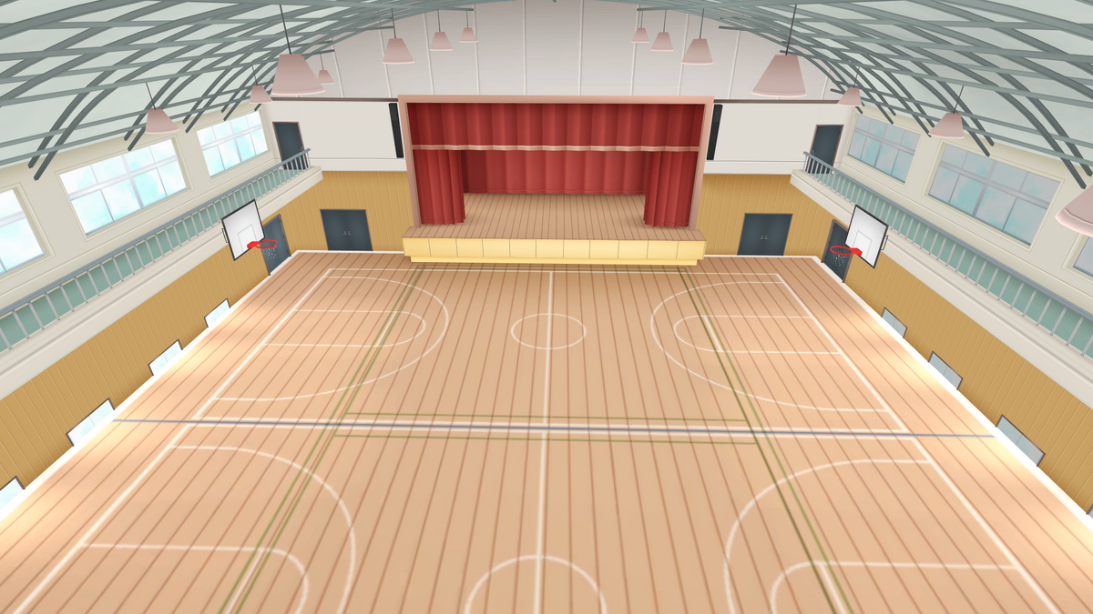 Stand in front of the wooden wall of the gymnasium、White short-sleeved gym  clothes、Red