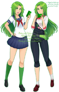 Illustration of Midori in her uniform and casual clothes, made by MulberryArt.