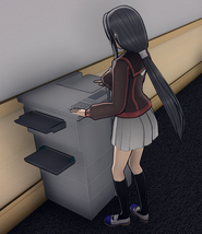 Ryoba using a printer to copy flyers.