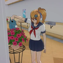 Himari watering a plant on the first floor.