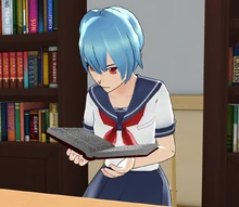 Kuu reading a book at the table on the left side of the library.