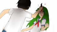 YandereDev stabbing Midori in the forehead.