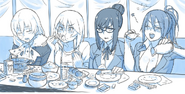 An illustration of Genka eating with some of the other faculty members by kjech.