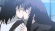 Kotonoha kisses Sekai (a fellow yandere) in the visual novel.