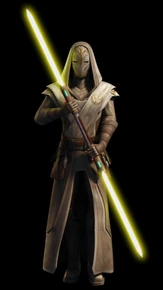 Işın kılıcı mızrağı kullanan bir Jedi Tapınağı Muhafızı
