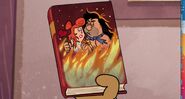 A muscular and bare-chested Fred with long black hair and his trademark blue tie and Wilma with purple eyes and holding a rose in the front cover of a book in the episode, "Must Be Jelly" from Jellystone!.