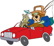 Yogi riding in a red car with Cindy.