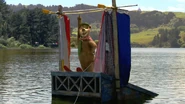 Yogi ready to waterski, standing in a waterski ramp.