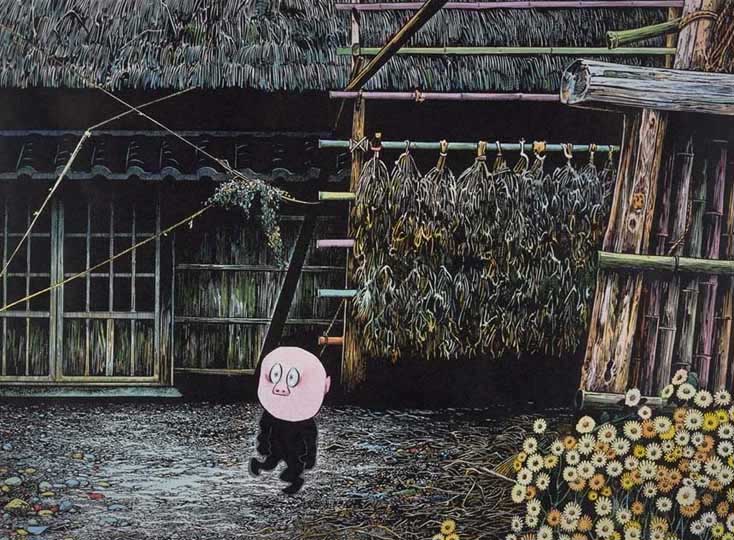 妻の作った　北欧風の犬神家　朝霧に浮かぶスケキヨ・イヌガミと斧琴菊の抹茶茶碗 妻の作った 北欧風の犬神家 朝霧に浮かぶスケキヨ・イヌガミと斧