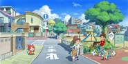 Artwork of Nate, Katie and Jibanyan in Springdale with their bicycles.