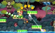 A Newer-looking Spray Fish from Yoshi's New Island spraying water near Yellow Yoshi