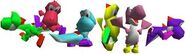 All of Yoshi's colors in Super Smash Bros. Note the purple Yoshi.