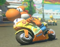 Orange Racer.png (143 KB) Orange Yoshi Racing in Mario Kart 8 with Yellow Yoshi behind it.