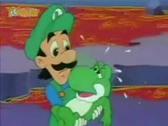 Being held by Luigi in the Super Mario Bros. TV series episode Mama Luigi.