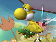 Yellow Yoshi, being hurt by spikes in Super Smash Brothers Brawl. Ouch!