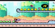 A Woozy Guy performing a jump in Super Mario World 2: Yoshi's Island near Purple Yoshi.