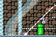 A Spray Fish spraying at Blue Yoshi and Baby Mario