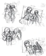 Early sketches for the game's title screen featuring Sora, Kozue, and Yahiro.