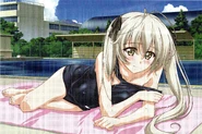 Art of Sora in a swimsuit found on a telephone card bundled with the first Yosuga no Sora Blu-ray box set when ordering all volumes from Getchu.[18]