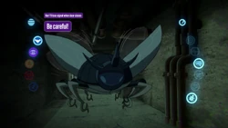  looks at a beetle mini-drone. Its icon can be seen on the bottom right of his  interface.
