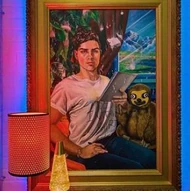 Portrait of Anthony and his sloth costume Sid