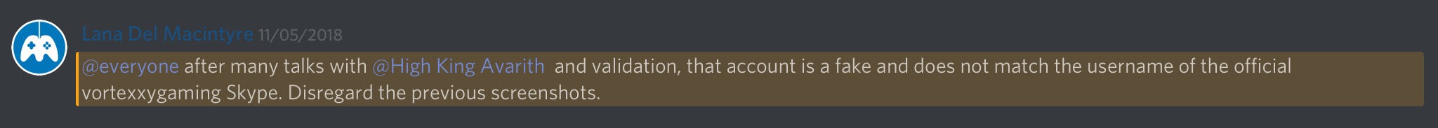 Macintyre confirms that the "VortexxyGaming" conversation is fake