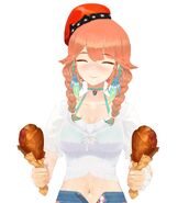 The fried chicken pieces in her hands are not actual fried chicken, but plastic props