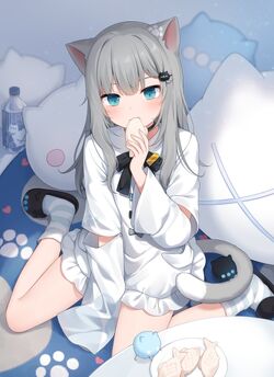 cat girl, Amashiro Natsuki, blue eyes, squatting, anime, anime girls, nacho neko, animal ears, tail, gray hair, blushing, food
