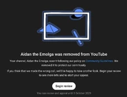 YouTube Studio's removed channel message, when the removed account holder attempts to sign in to YouTube.