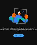 Account terminated for receiving 3 or more third-party copyright infringement claims (App) (Present).