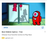 An Among Us ad showing a red crewmate staring at a nude silhouette of Rouge from the Sonic franchise.