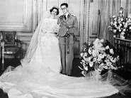 The wedding of Queen Fabiola and King Baudoin of Belgium on December 15, 1960. She is wearing a dress designed by Cristóbal Balenciaga.