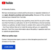 The email that says the channel has been terminated or removed