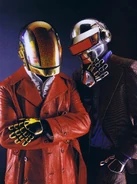 Daft Punk wearing their helmets for the first time, which originally had LED lights.