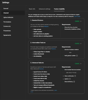 The Feature eligibility tab as it appears in YouTube Studio's settings