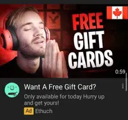 A survey scam masquerading as a giveaway of nondescript gift cards with PewDiePie's involvement.