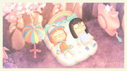 Kiara and Ina'nis' characters in Animal Crossing: New Horizons sleeping in the same bed