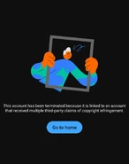 Account terminated for being linked to another that received 3 or more third-party copyright infringement claims (App) (Present).