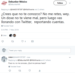 Mario Adalid Lugo y su multicuenta Debunker_Mx amenazando con doxxear