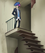 Full view of Yusaku coming down the stairway
