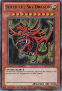 An example of the Series 7 layout on the "Slifer the Sky Dragon" illegal card, from Legendary Collection.
