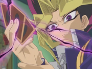 Yami Yugi feeling a dark presence absorbing his Egyptian God cards' powers.