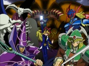 Yugi Moto/Yami Yugi with "Dark Magician", "Summoned Skull", "Gaia the Fierce Knight", "Celtic Guardian" and "Exodia - The Forbidden One".